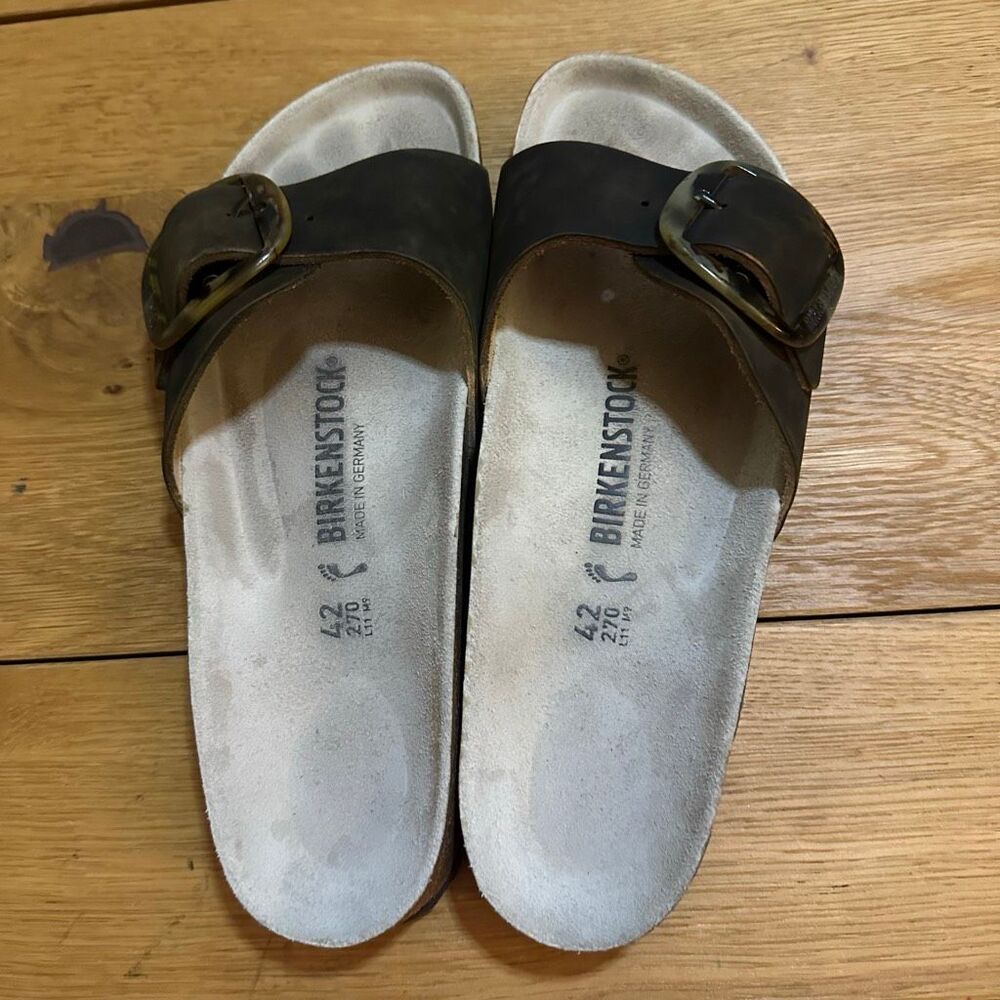 Birkenstock Single Strap Sandals in Dark Brown with Brass Buckles - Picture 3 of 9